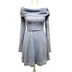 Blue Floral Jacquard Off-Shoulder Long Sleeve Dress Size XS
